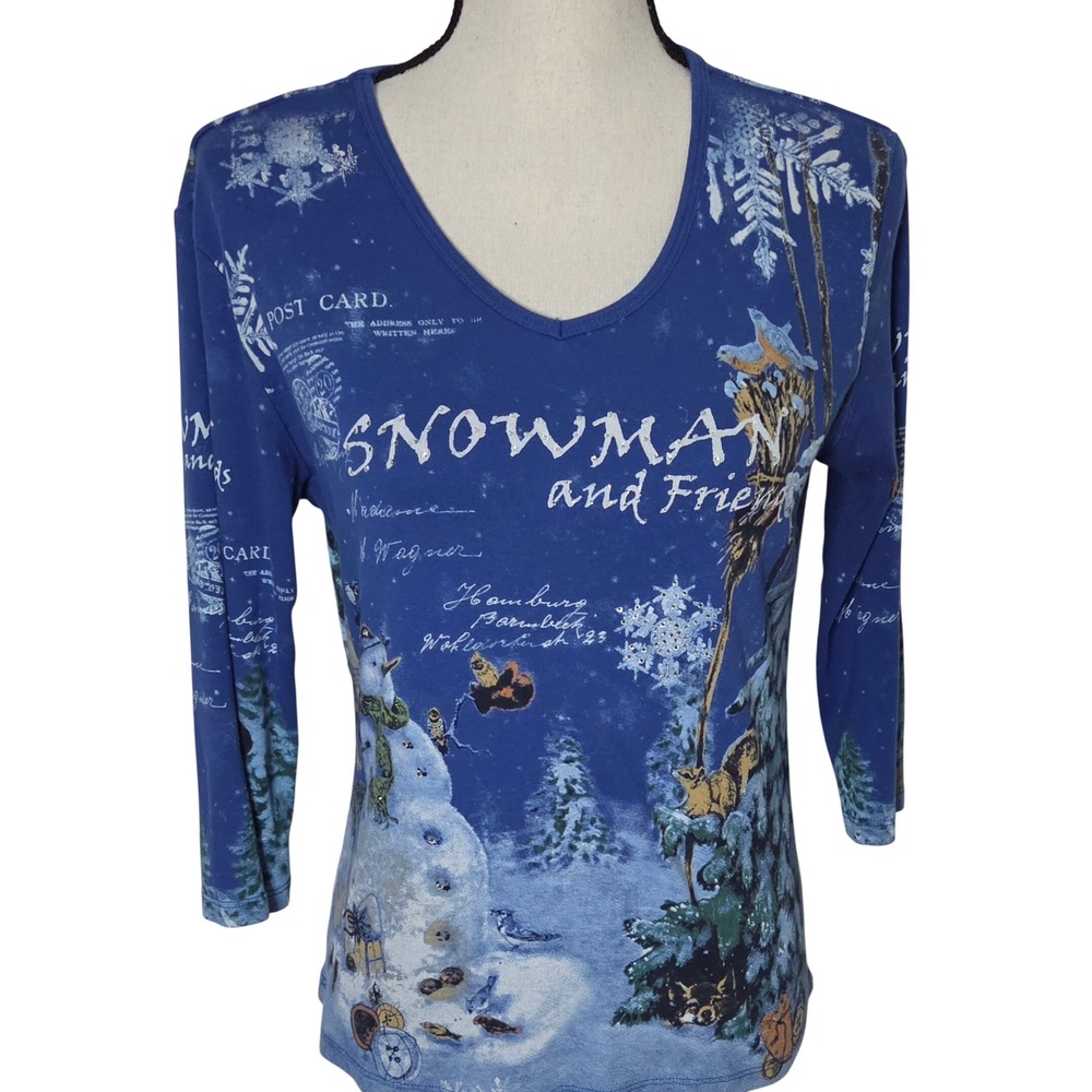 Jess & Jane Snowman and Friends Blue Winter Graphic V-Neck Top Small USA Made